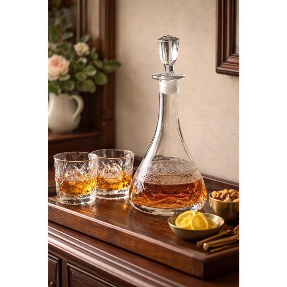 Bohemian Antique 1900s Wheel-Engraved Crystal Decanter With Stopper, 10.5”